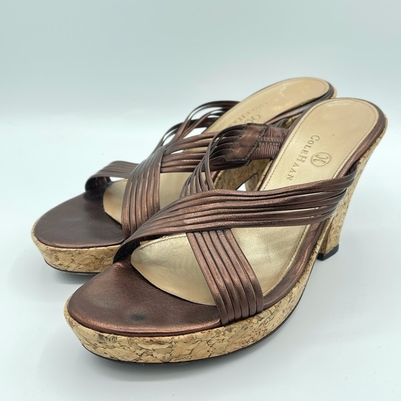 Cole Haan Sz 7B Copper Metallic Cork Wedge‎ Platform Sandals Slip On S2 - Picture 1 of 7